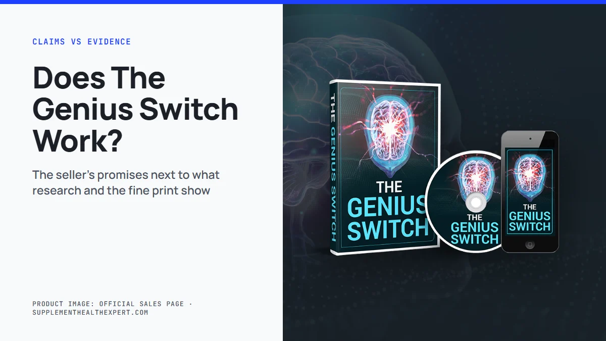 Does the genius switch work: Genius Switch product mockup next to the headline of our claims versus evidence analysis