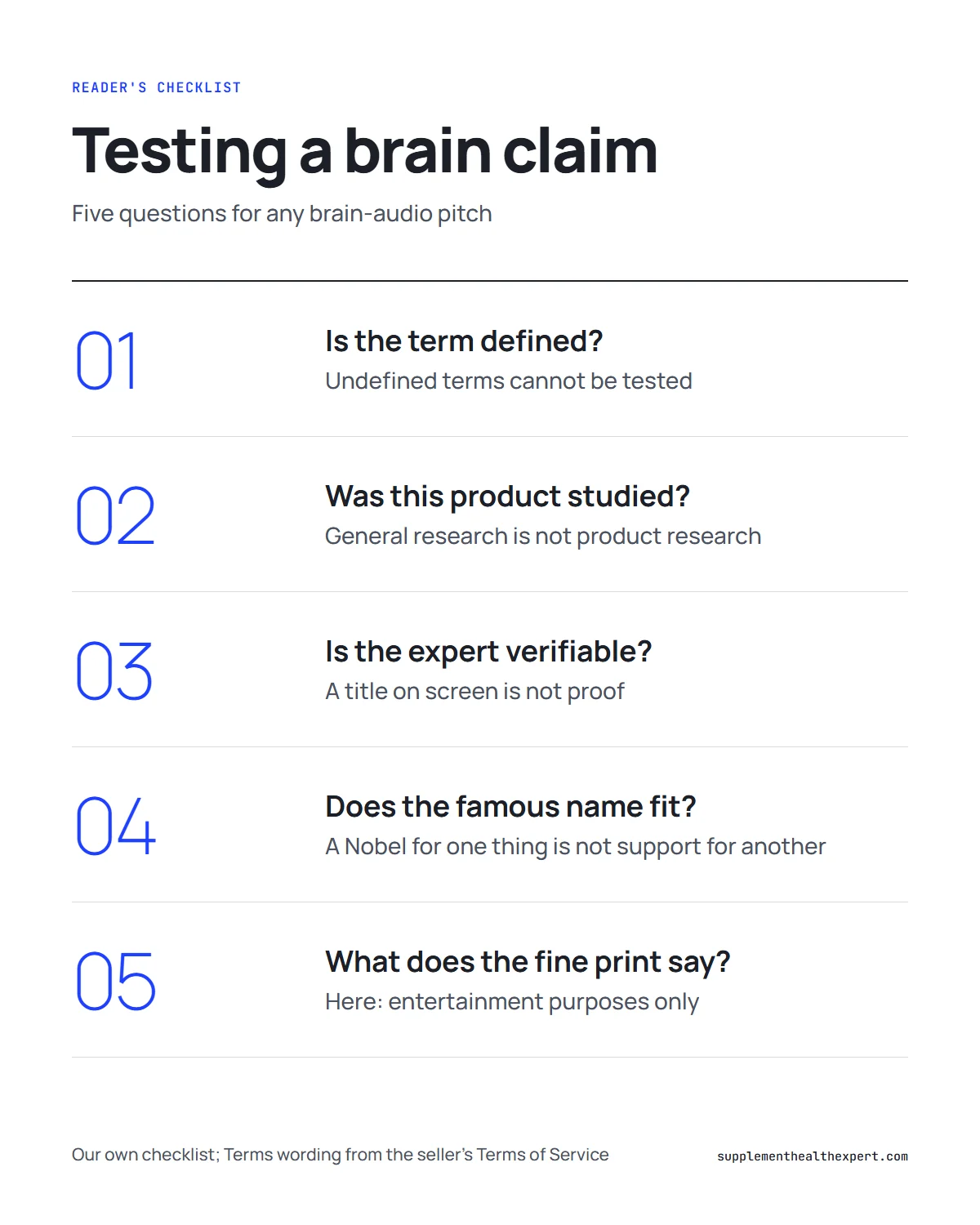 Genius switch audio for brain infographic: five questions to ask about any brain claim made for an audio product