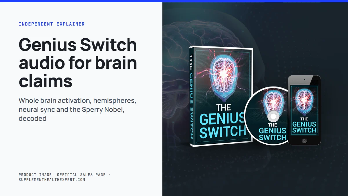 Genius switch audio for brain claims decoded: product mockup of the 8-minute track on a graphite background
