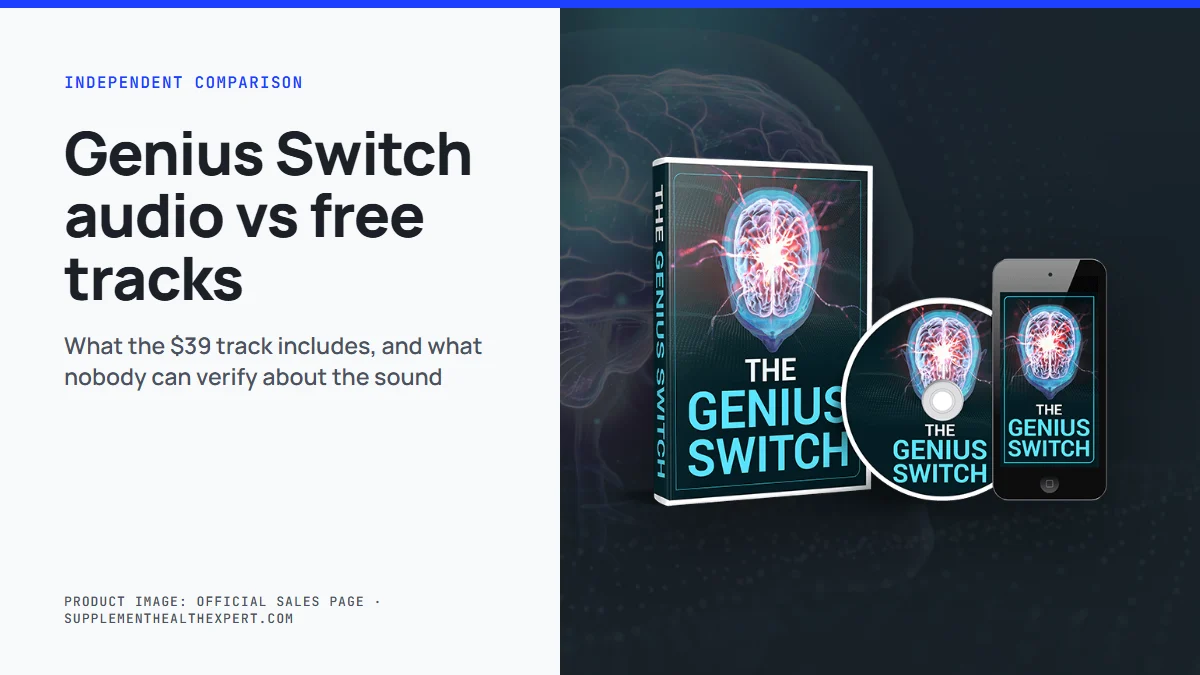 Genius switch audio compared with free binaural tracks: product mockup of the 8-minute track on a graphite background