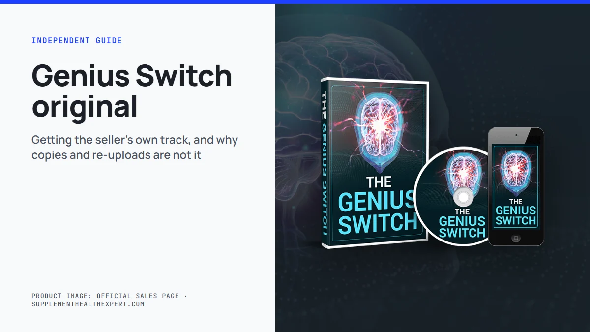 Genius switch original guide: product mockup of the seller's 8-minute audio track on a graphite background