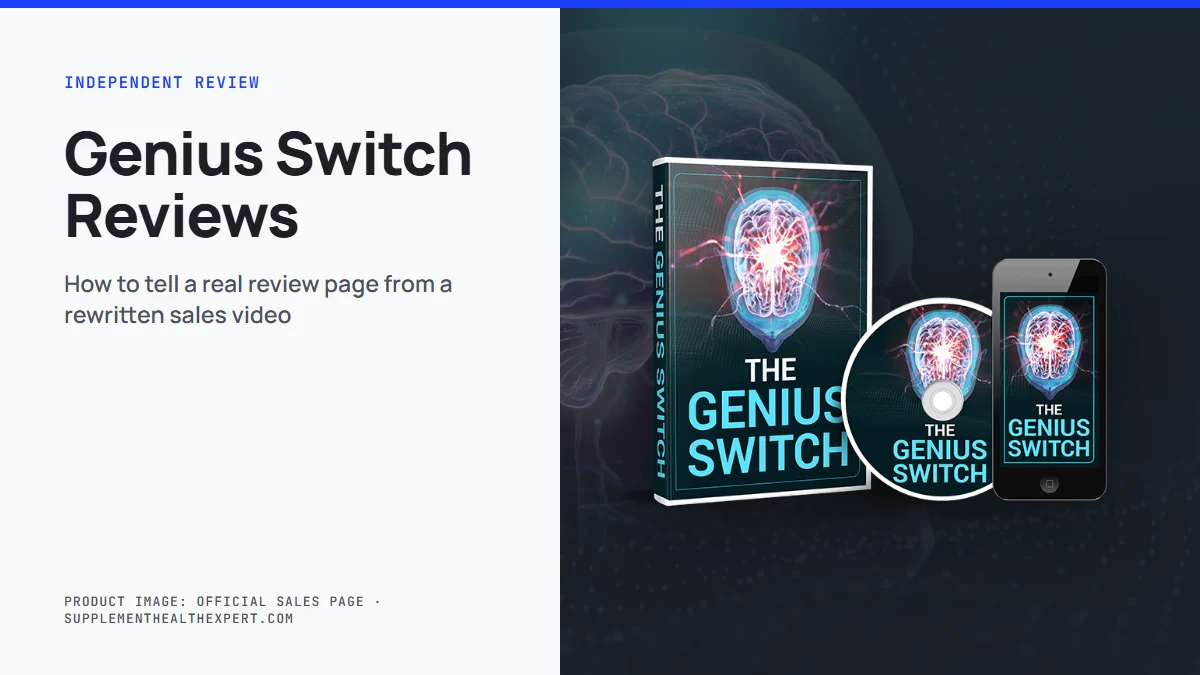 Genius switch reviews: the Genius Switch product mockup on a graphite background with a headline about judging review pages