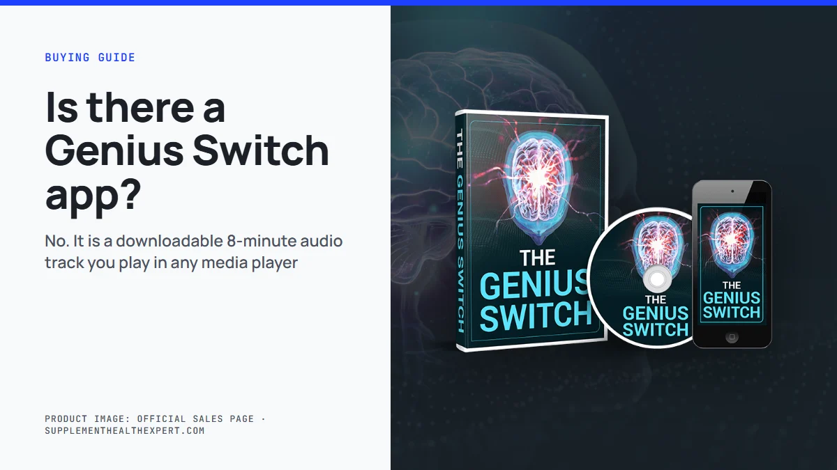 The genius switch app question: product mockup of the Genius Switch audio track on a graphite background