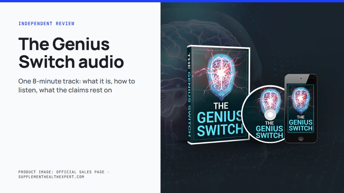 The genius switch audio: product mockup of the 8-minute Genius Switch track beside the title The Genius Switch audio