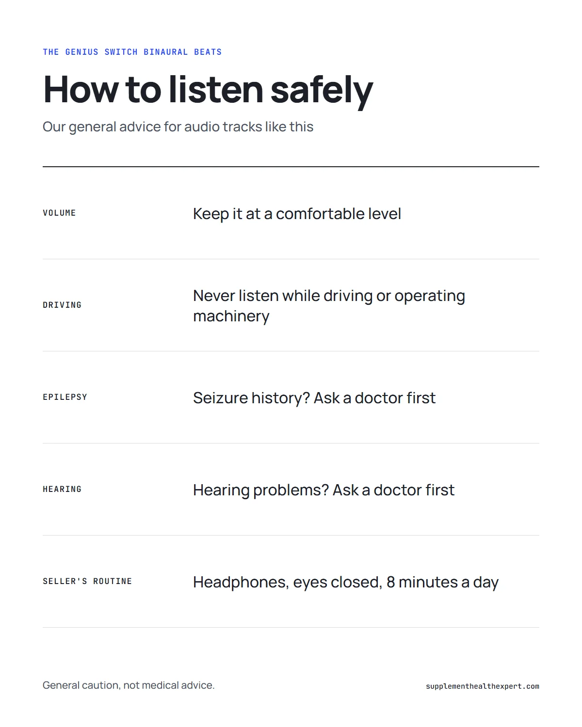 The genius switch binaural beats infographic: how to listen safely to any audio entrainment track