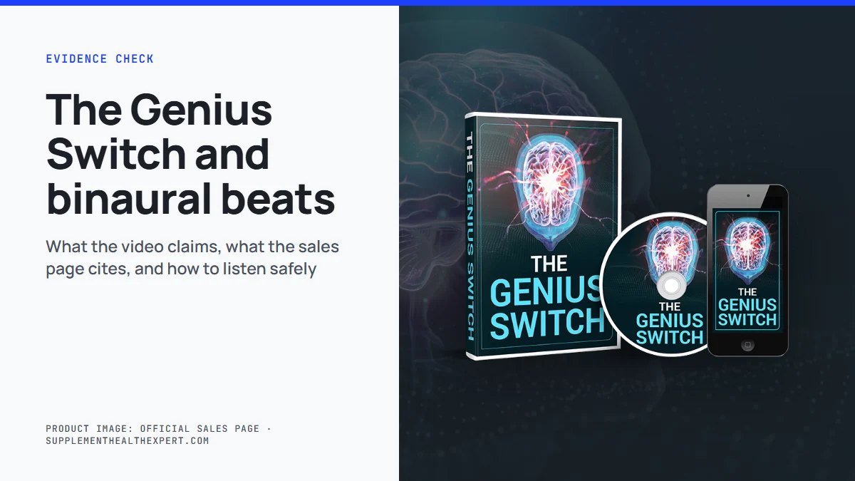The genius switch binaural beats: product mockup of the Genius Switch audio track on a graphite background