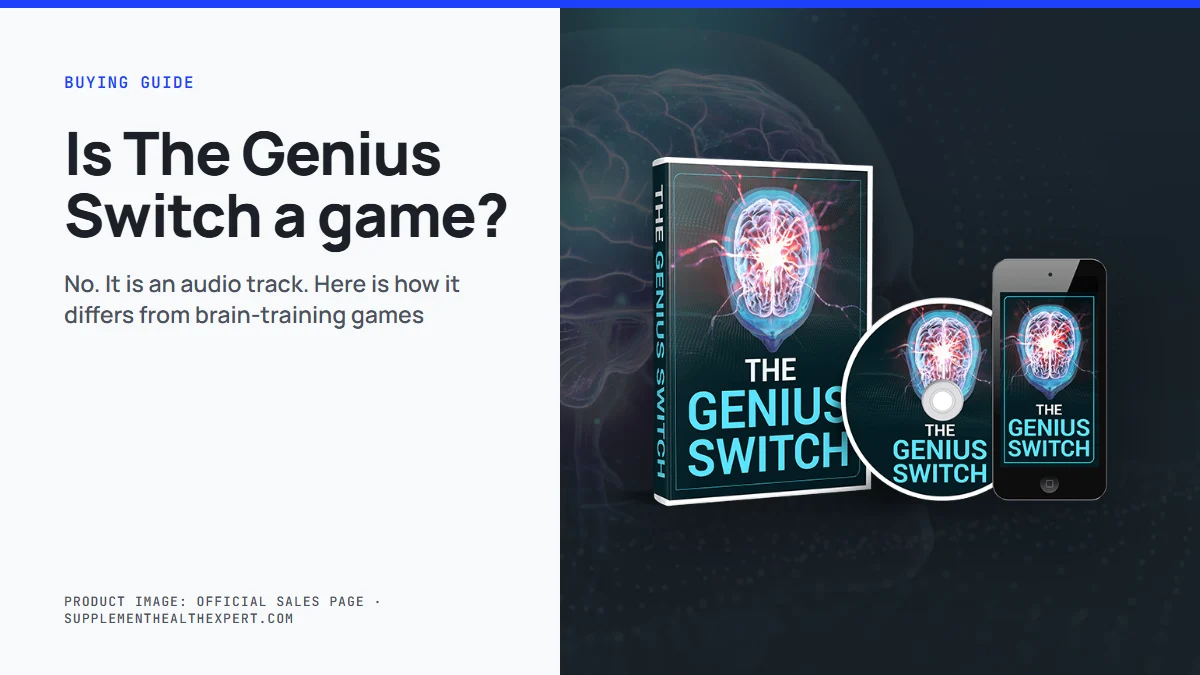 The genius switch game question: product mockup of the Genius Switch audio track on a graphite background