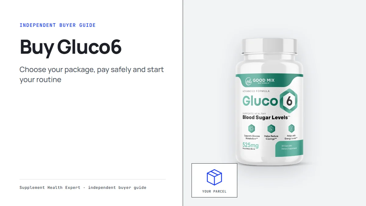 Buy Gluco6 graphic with a Gluco6 bottle beside an open parcel icon for your order