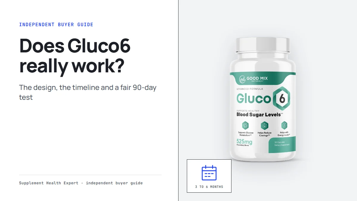 Does Gluco6 really work graphic with a Gluco6 bottle beside a calendar icon marked 3 to 6 months