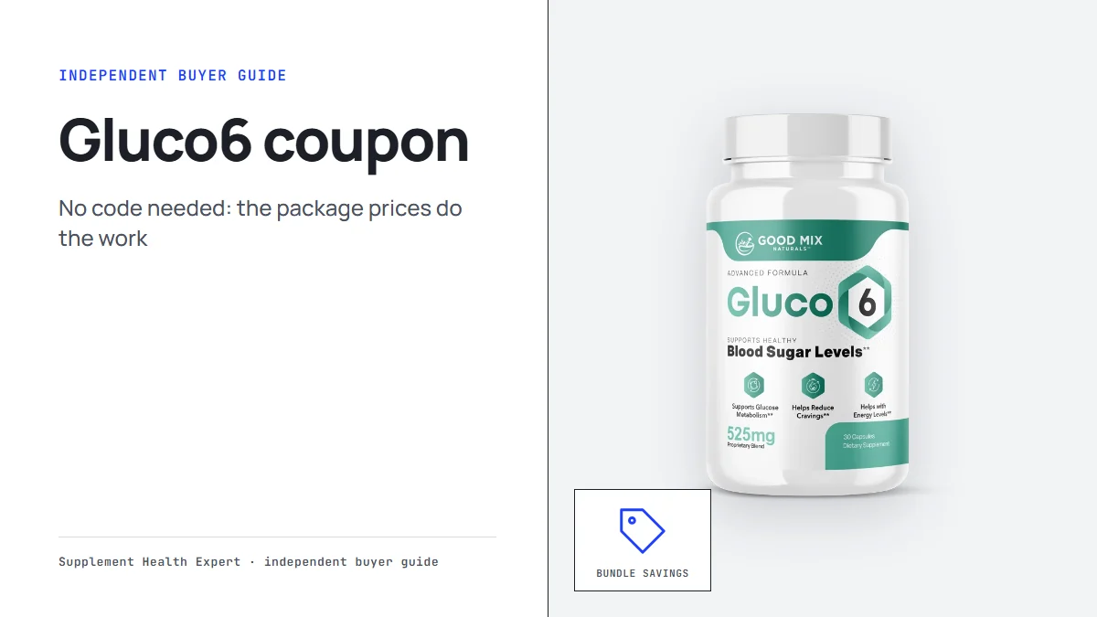 Gluco6 coupon graphic with a Gluco6 bottle beside a price tag icon labeled bundle savings