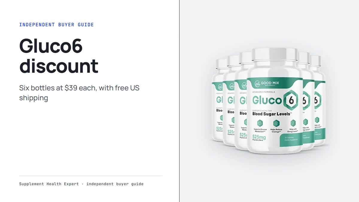 Gluco6 discount graphic with the six-bottle Gluco6 package and the headline six bottles at $39 each