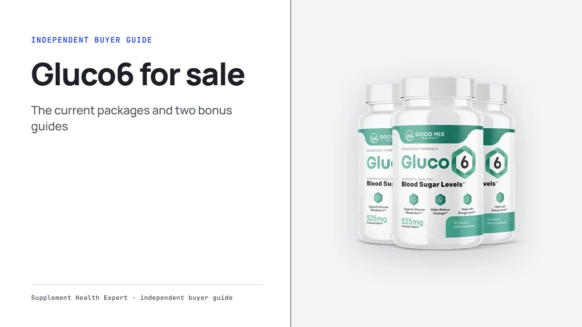 Gluco6 for sale graphic with the three-bottle Gluco6 package and the headline current offer and bonus guides