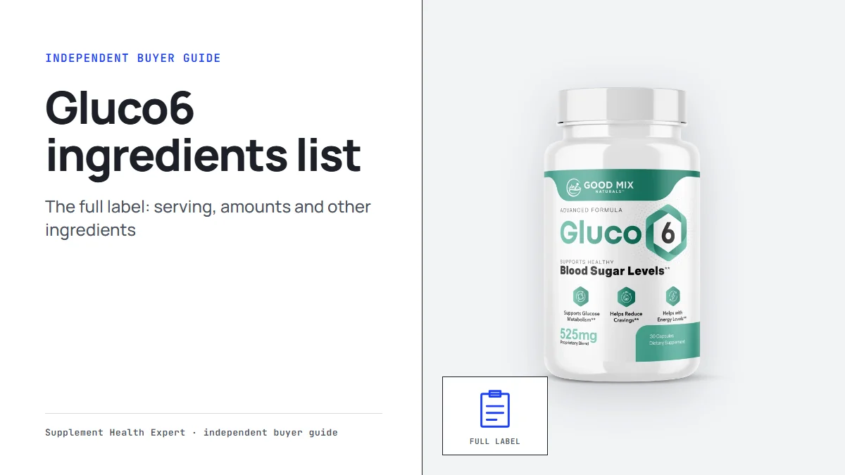 Gluco6 ingredients list graphic with a Gluco6 bottle beside a clipboard icon for the full supplement facts label