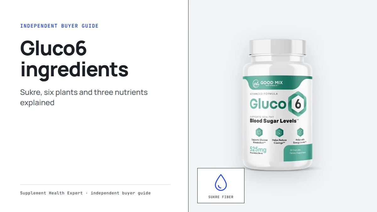 Gluco6 ingredients graphic with a Gluco6 bottle beside a drop icon for the Sukre fiber and plant blend