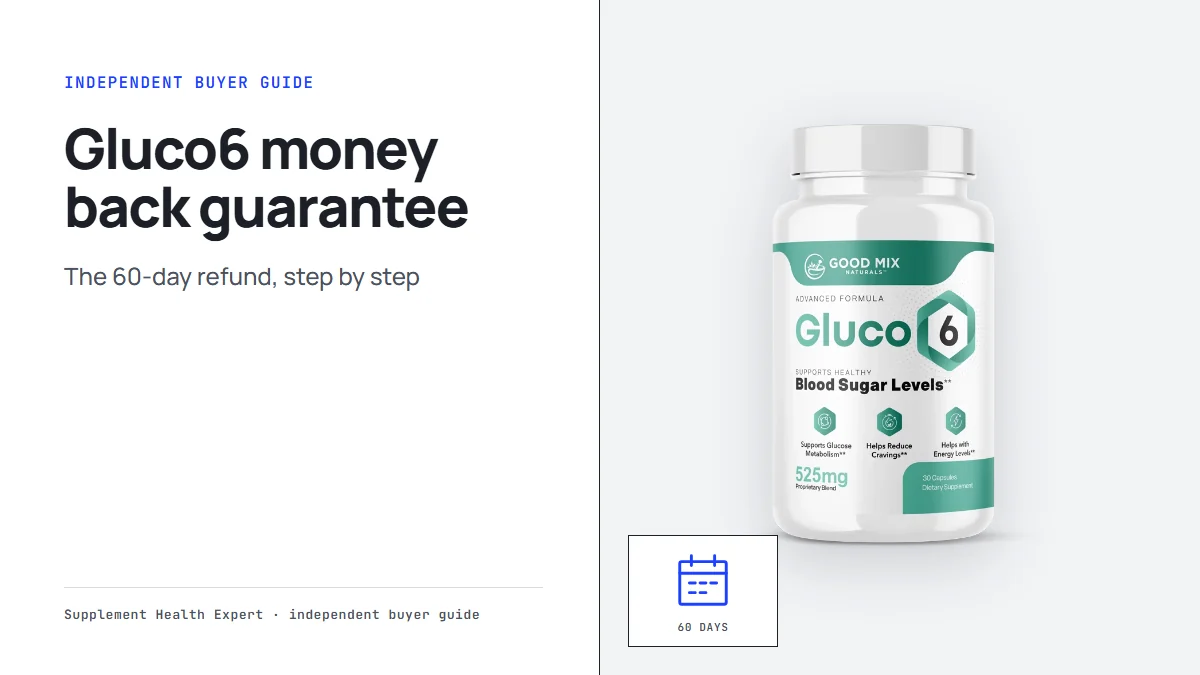 Gluco6 money back guarantee graphic with a Gluco6 bottle beside a calendar icon marked 60 days