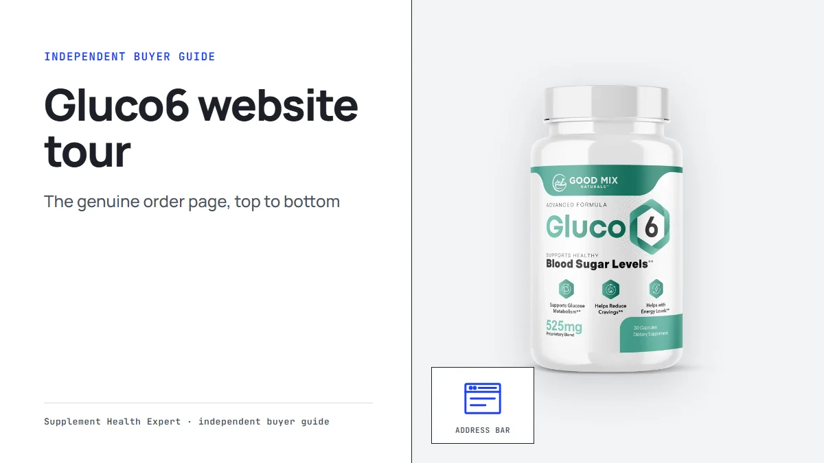 Gluco6 official website graphic with a Gluco6 bottle beside a browser window icon showing the address bar