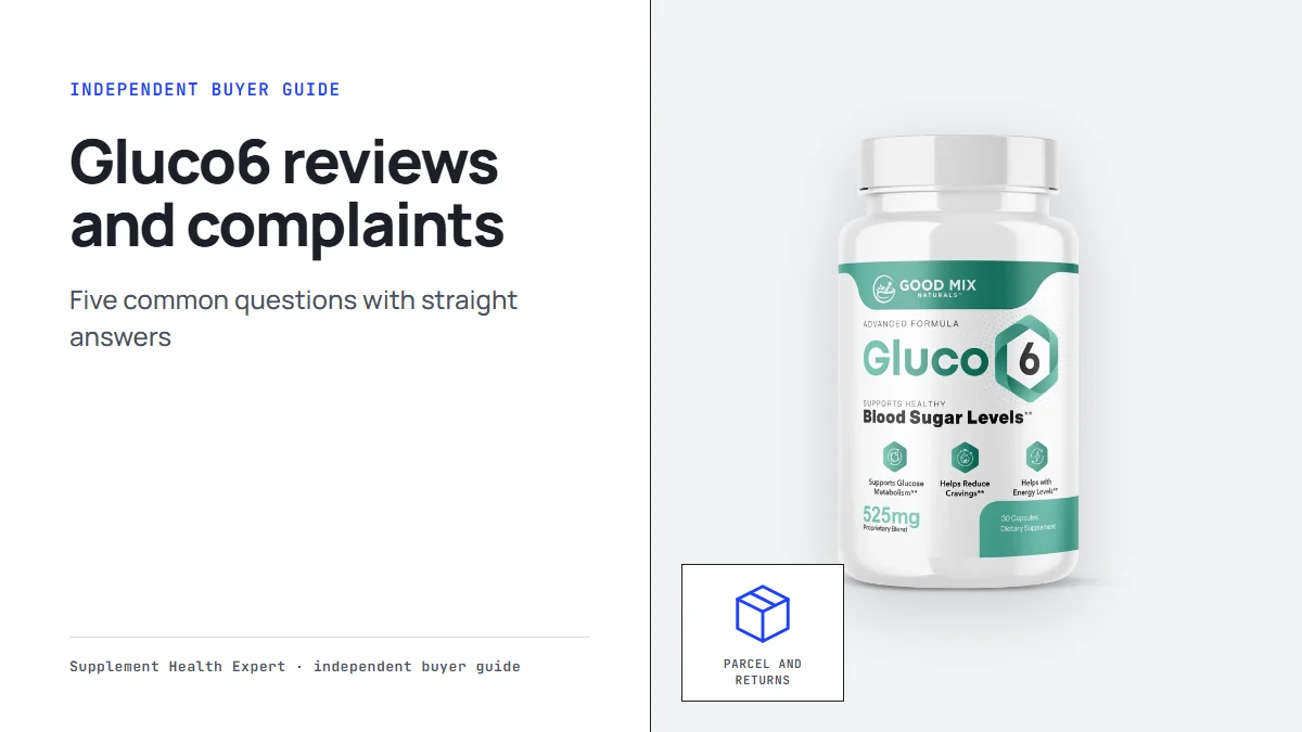 Gluco6 reviews and complaints graphic with a Gluco6 bottle beside a parcel icon for shipping and returns