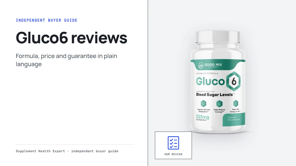 Gluco6 reviews graphic with a Gluco6 bottle beside a checklist icon on a clean buyer guide layout