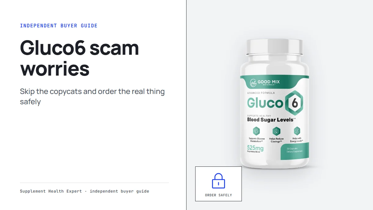 Gluco6 scam worries graphic with a Gluco6 bottle beside a padlock icon for ordering safely