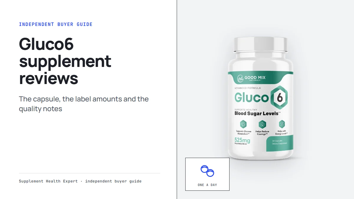 Gluco6 supplement reviews graphic with a Gluco6 bottle and a tablets icon for the once-a-day capsule