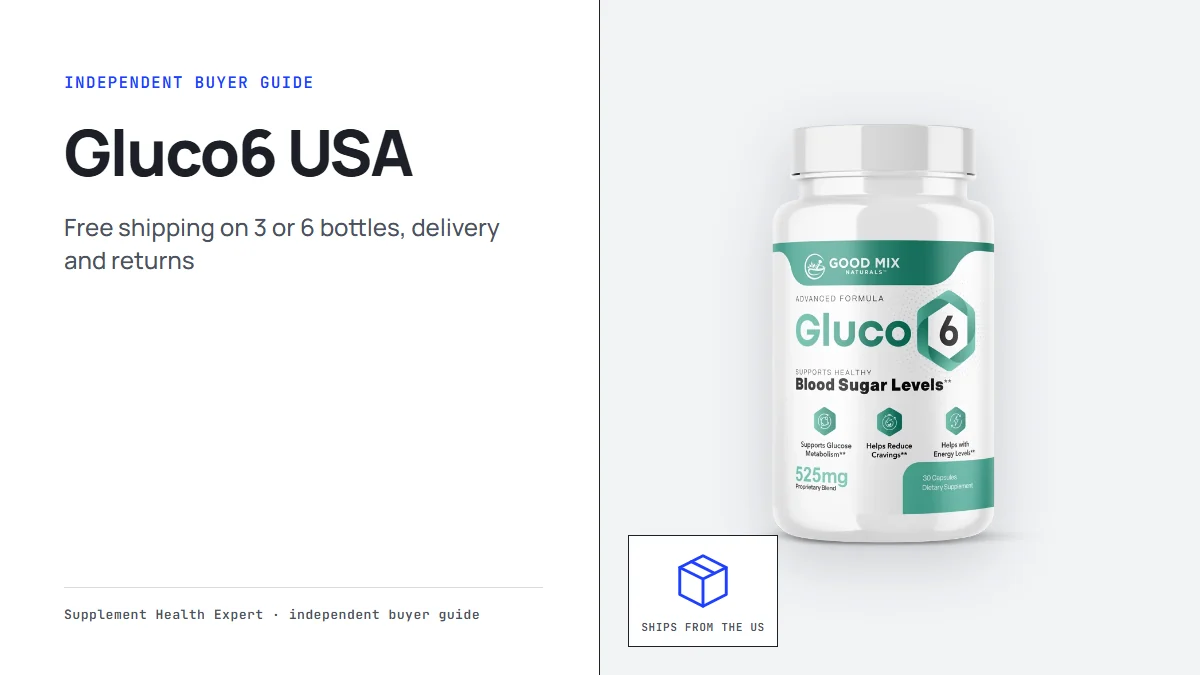 Gluco6 USA graphic with a Gluco6 bottle beside a parcel icon for US shipping and returns
