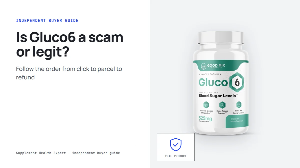 Is Gluco6 a scam or legit graphic with a Gluco6 bottle beside a shield icon marked real product
