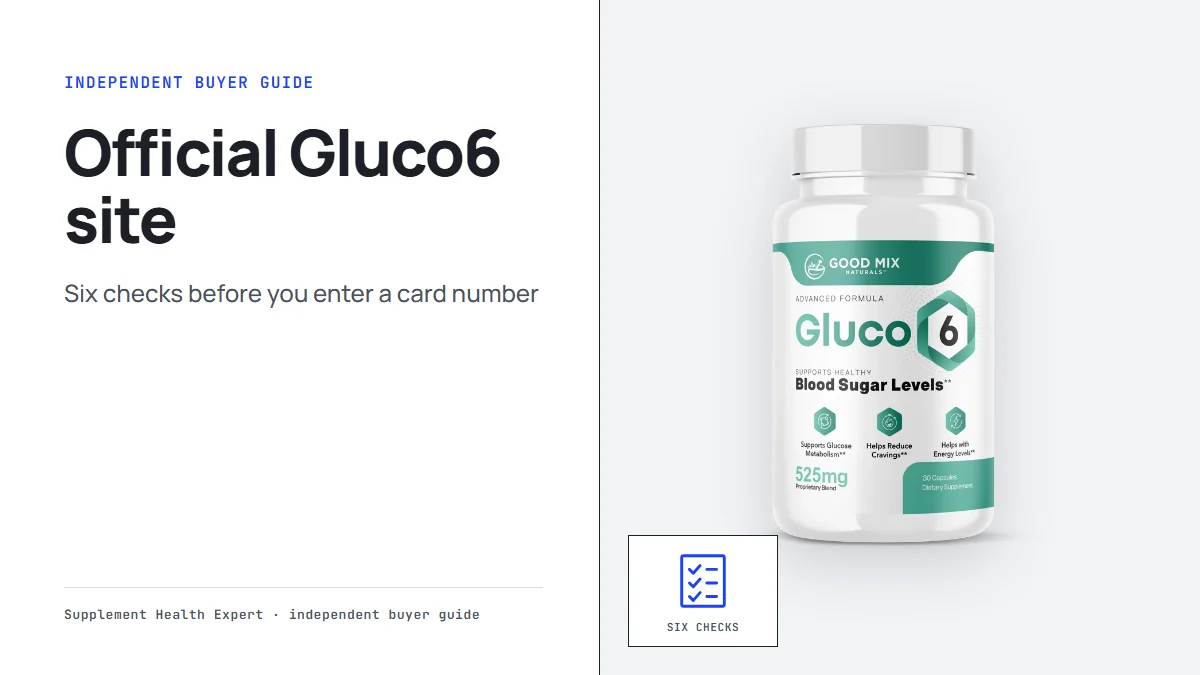 Official Gluco6 site checklist graphic with a Gluco6 bottle beside a six-item list icon