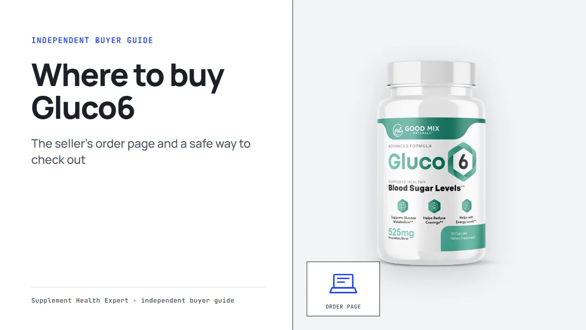 Where to buy Gluco6 graphic with a Gluco6 bottle beside a laptop icon showing the order page