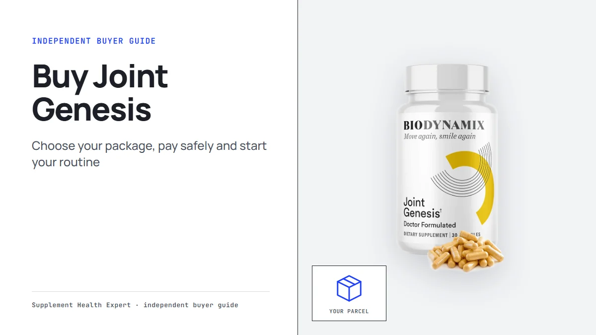 Joint Genesis bottle with the headline Buy Joint Genesis on a graphic with a parcel icon and the words your parcel