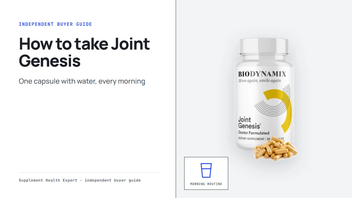 Joint Genesis bottle with the headline how to take Joint Genesis and a glass of water for a morning routine