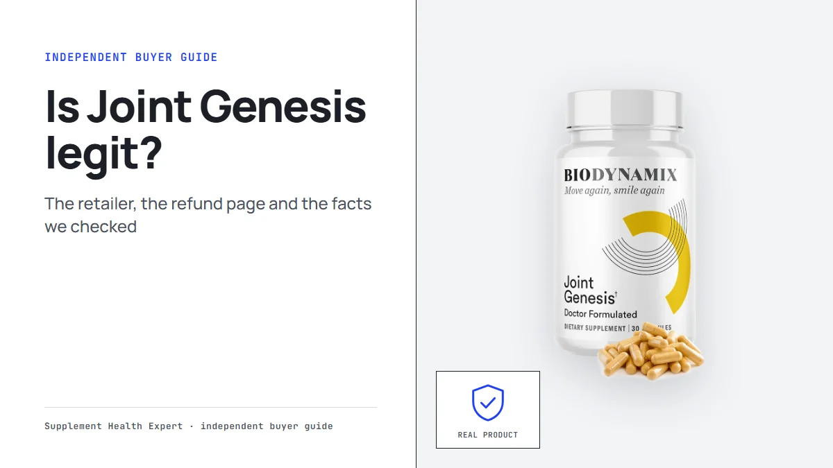Joint Genesis bottle with the headline Is Joint Genesis legit? on a clean buyer guide graphic with a shield icon