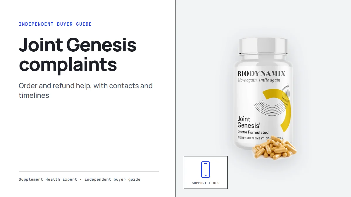 Joint Genesis bottle with the headline Joint Genesis complaints on a graphic with a phone icon and the words support lines