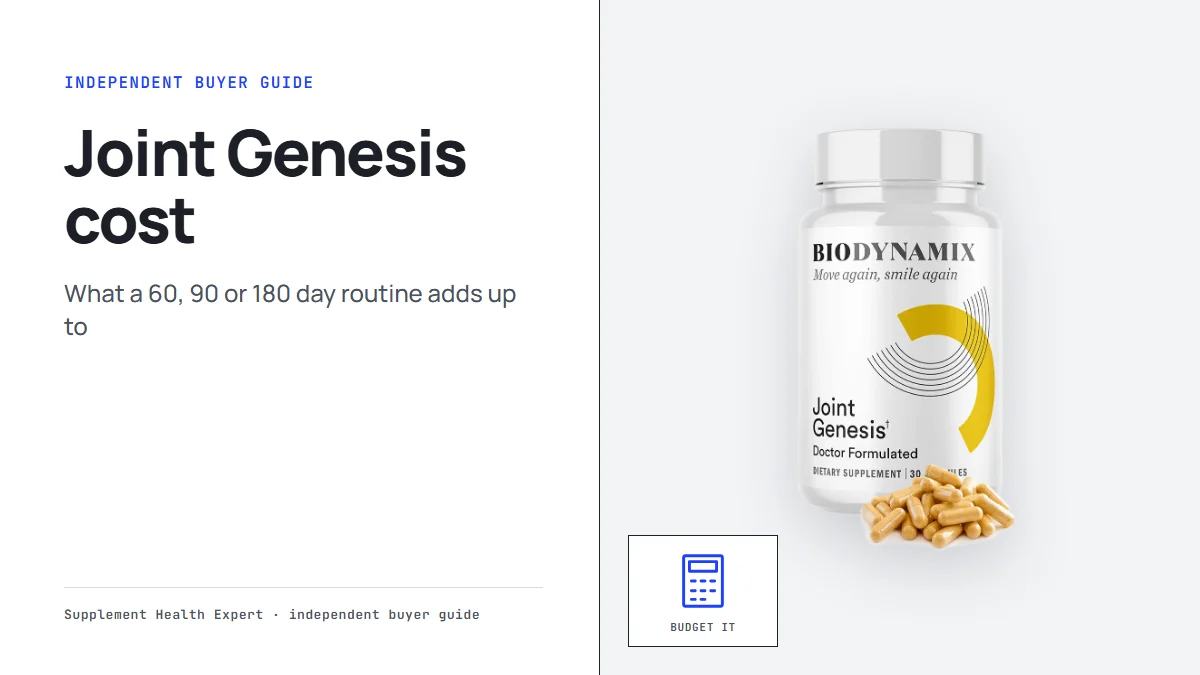 Joint Genesis bottle with the headline Joint Genesis cost on a graphic with a calculator icon and the words budget it