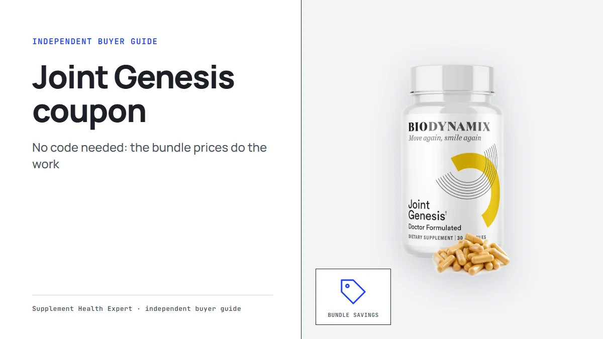 Joint Genesis bottle with the headline Joint Genesis coupon and the line no code needed on a graphic with a price tag icon
