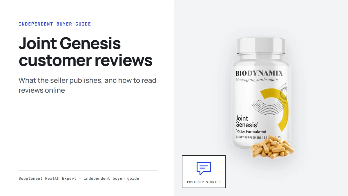 Joint Genesis bottle with the headline Joint Genesis customer reviews on a graphic with a speech bubble icon