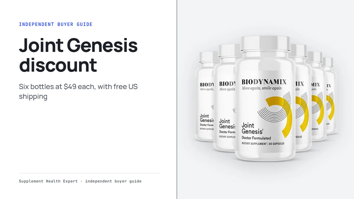 Joint Genesis six-bottle package with the headline Joint Genesis discount and the line six bottles at $49 each