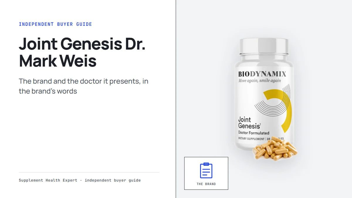 Joint Genesis bottle with the headline Joint Genesis Dr. Mark Weis on a graphic with a clipboard icon and the words the brand