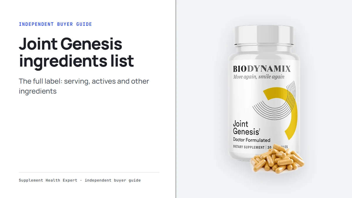 Joint Genesis bottle with the headline Joint Genesis ingredients list on a clean graphic about the full label