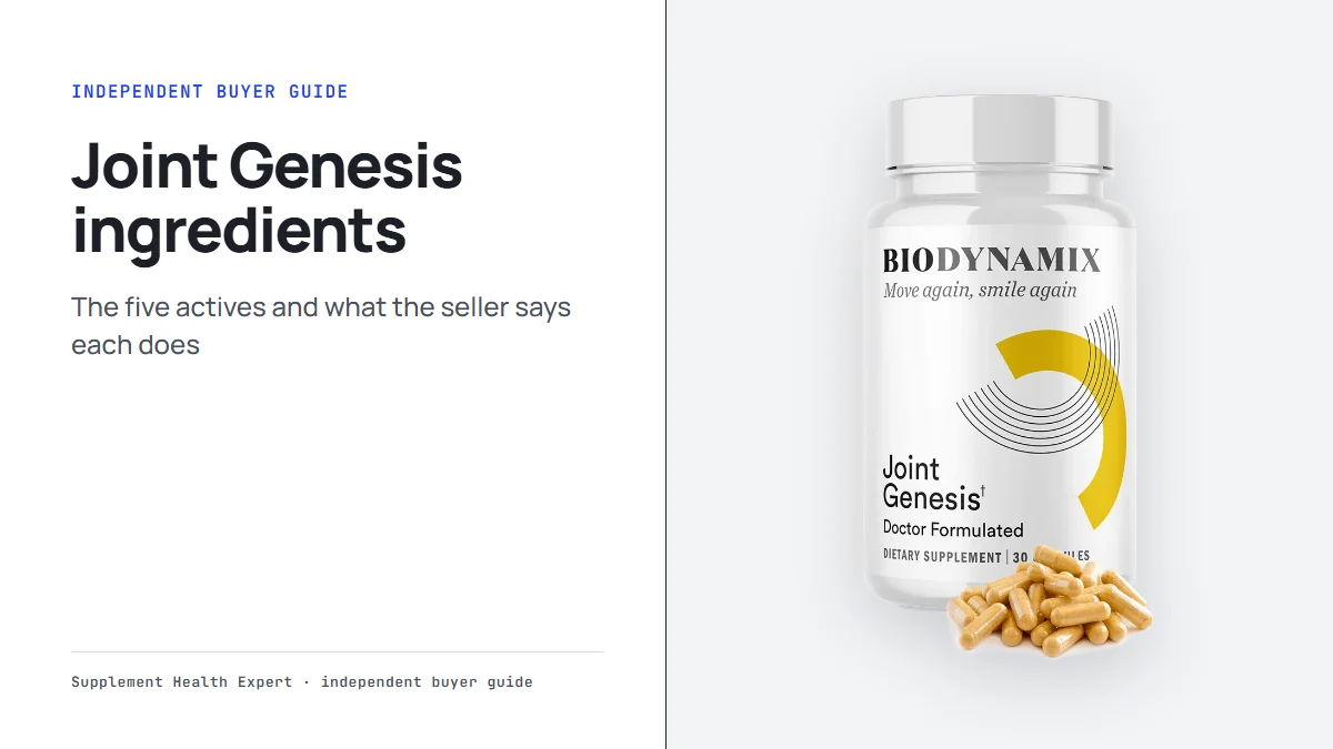 Joint Genesis bottle with the headline Joint Genesis ingredients and the line the five actives on a clean graphic