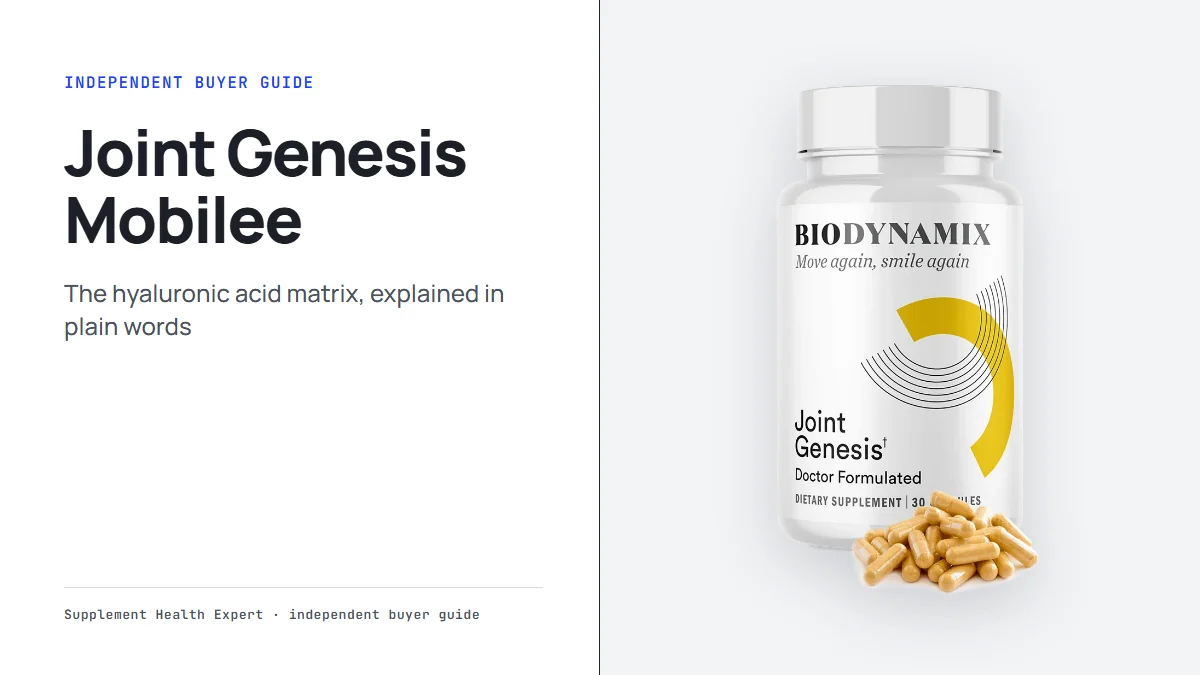 Joint Genesis bottle with the headline Joint Genesis Mobilee and the line the hyaluronic acid matrix on a clean graphic