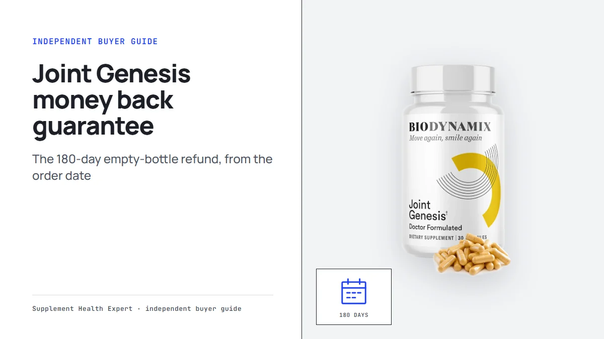 Joint Genesis bottle with the headline Joint Genesis money back guarantee and a calendar icon for 180 days