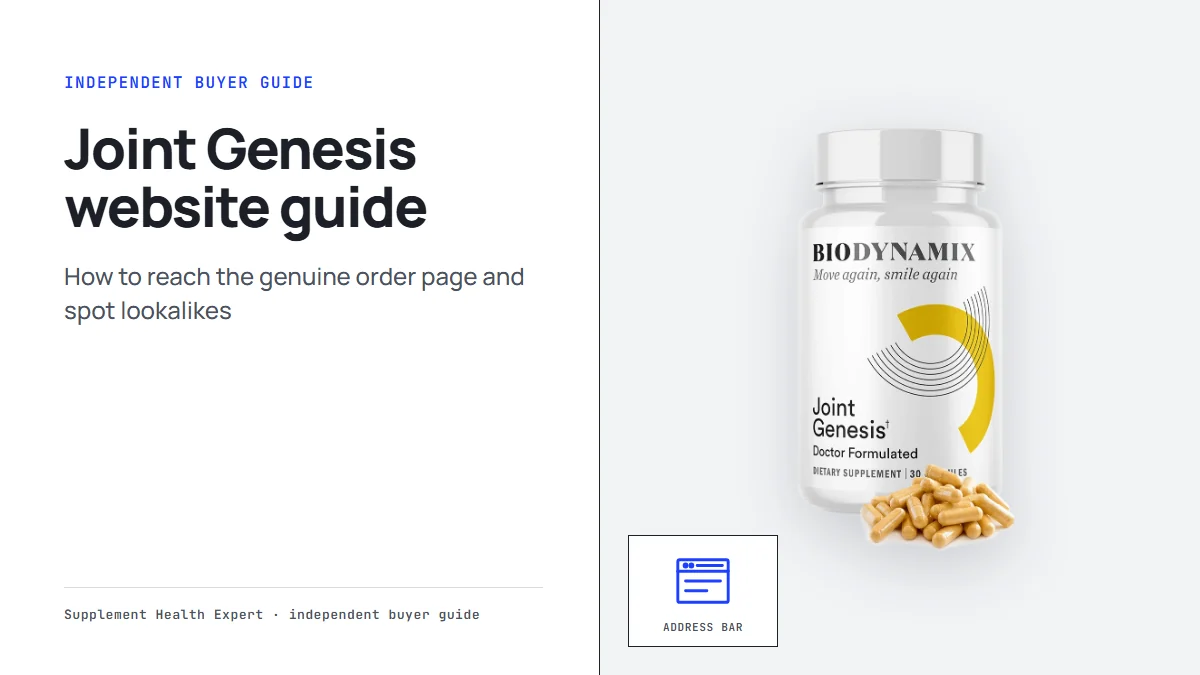 Joint Genesis bottle on a buyer guide graphic about the Joint Genesis official website with a browser icon