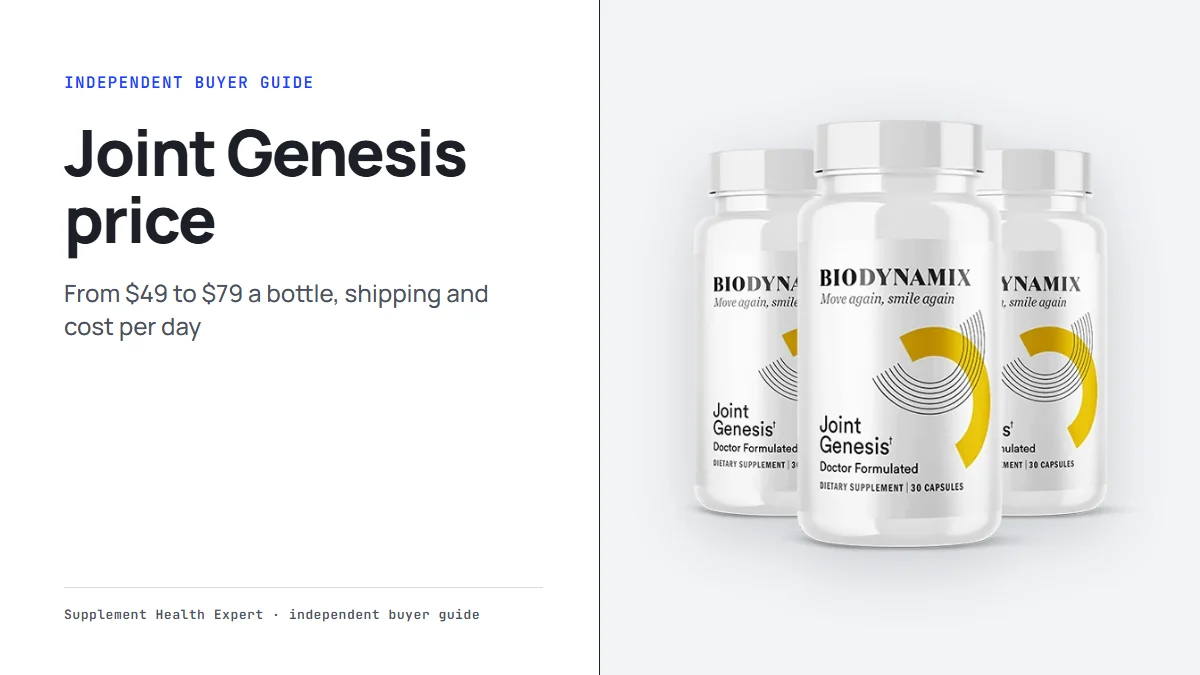 Joint Genesis price graphic with the three-bottle Joint Genesis package and the headline Joint Genesis price