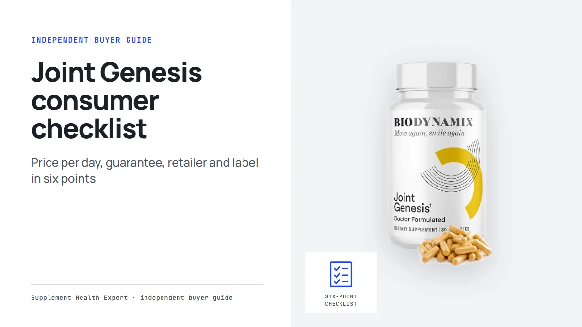 Joint Genesis bottle on a graphic for Joint Genesis reviews consumer reports style with a six-point checklist icon