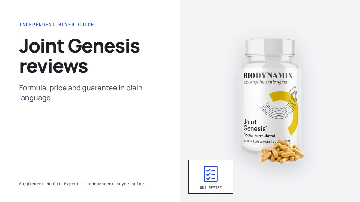 Joint Genesis bottle with the headline Joint Genesis reviews on a clean buyer guide graphic with a checklist icon