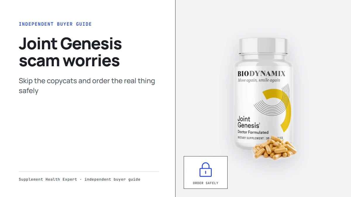 Joint Genesis bottle with the headline Joint Genesis scam worries on a graphic with a padlock icon and the words order safely