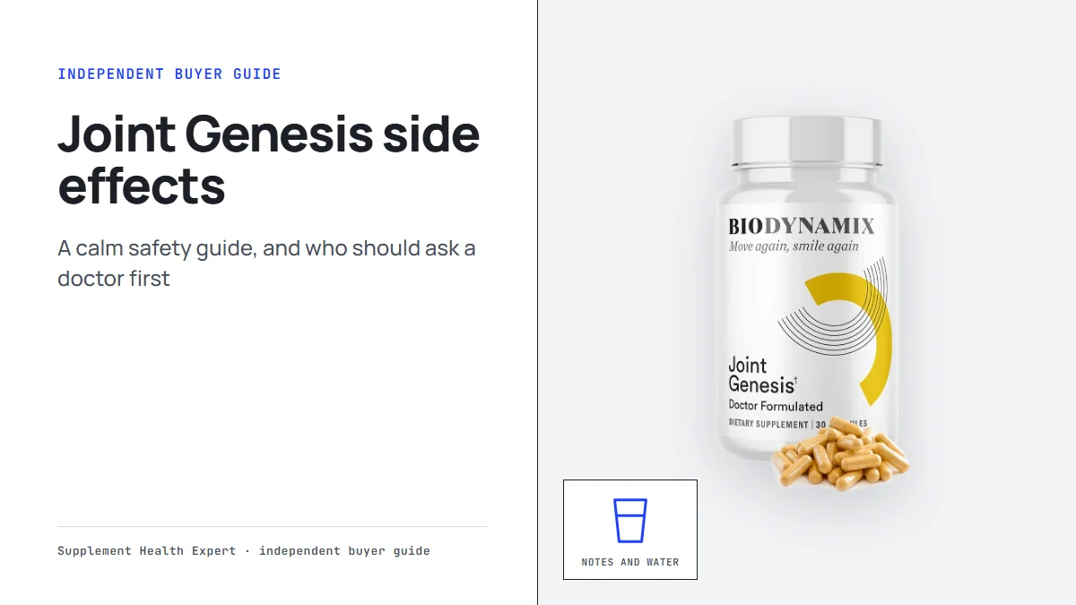 Joint Genesis bottle with the headline Joint Genesis side effects on a calm graphic with a glass of water and notes icon