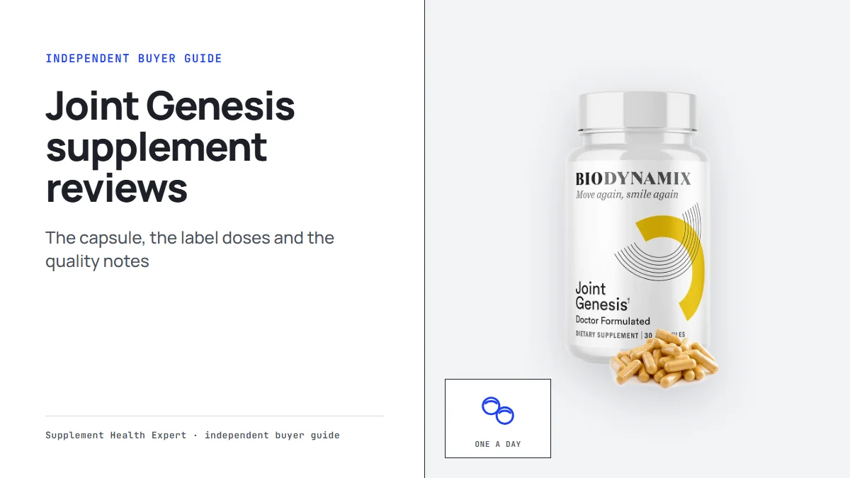 Joint Genesis bottle with the headline Joint Genesis supplement reviews on a graphic with a capsules icon