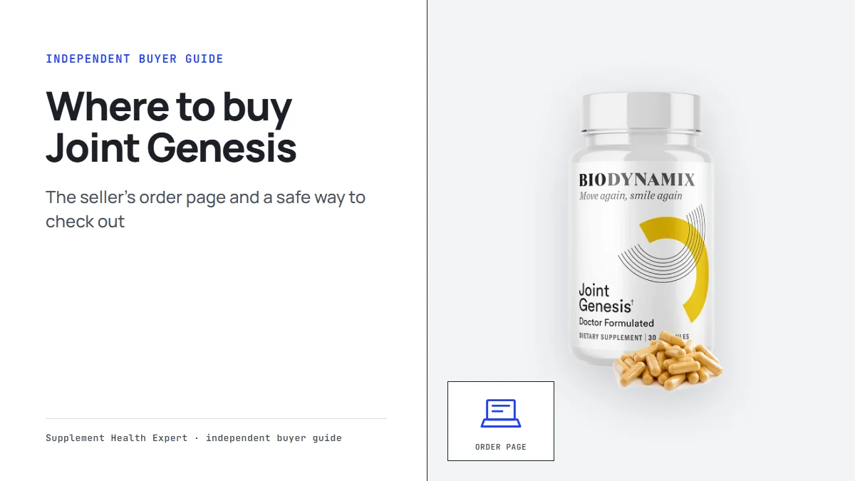 Joint Genesis bottle with the headline Where to buy Joint Genesis on a graphic with a laptop icon and the words order page