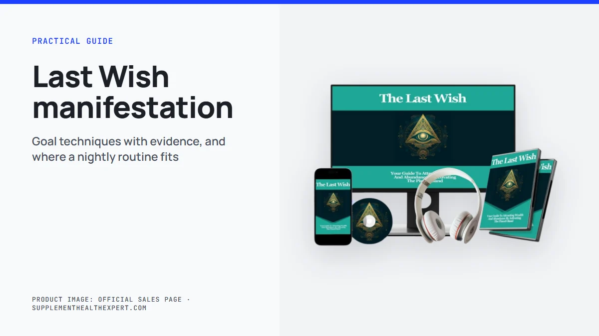 Last Wish manifestation illustration: the seller's product mockup beside a five-step method for working toward a goal